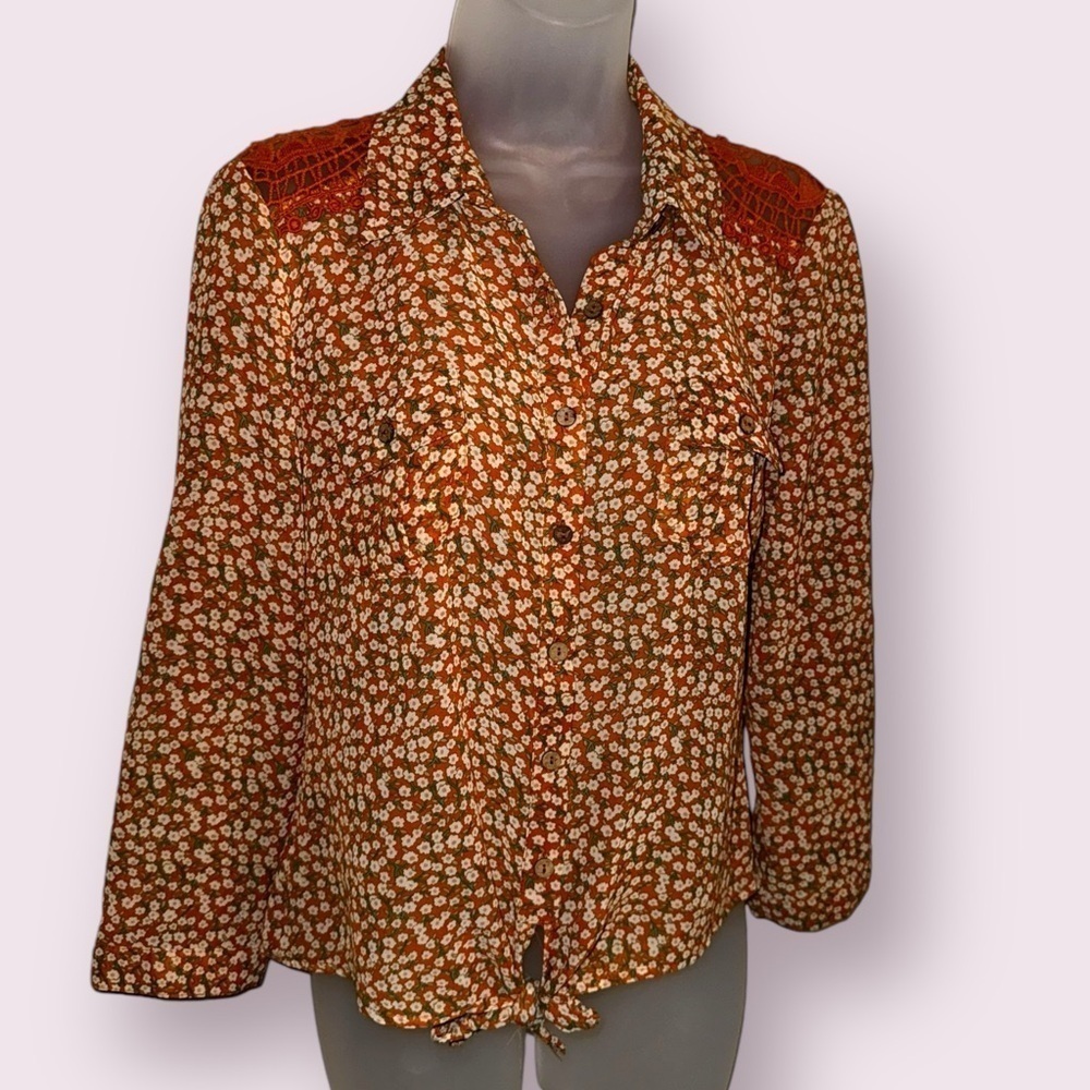 Cowgirl Floral Button Front Blouse Orange Western Top M - Picture 4 of 8